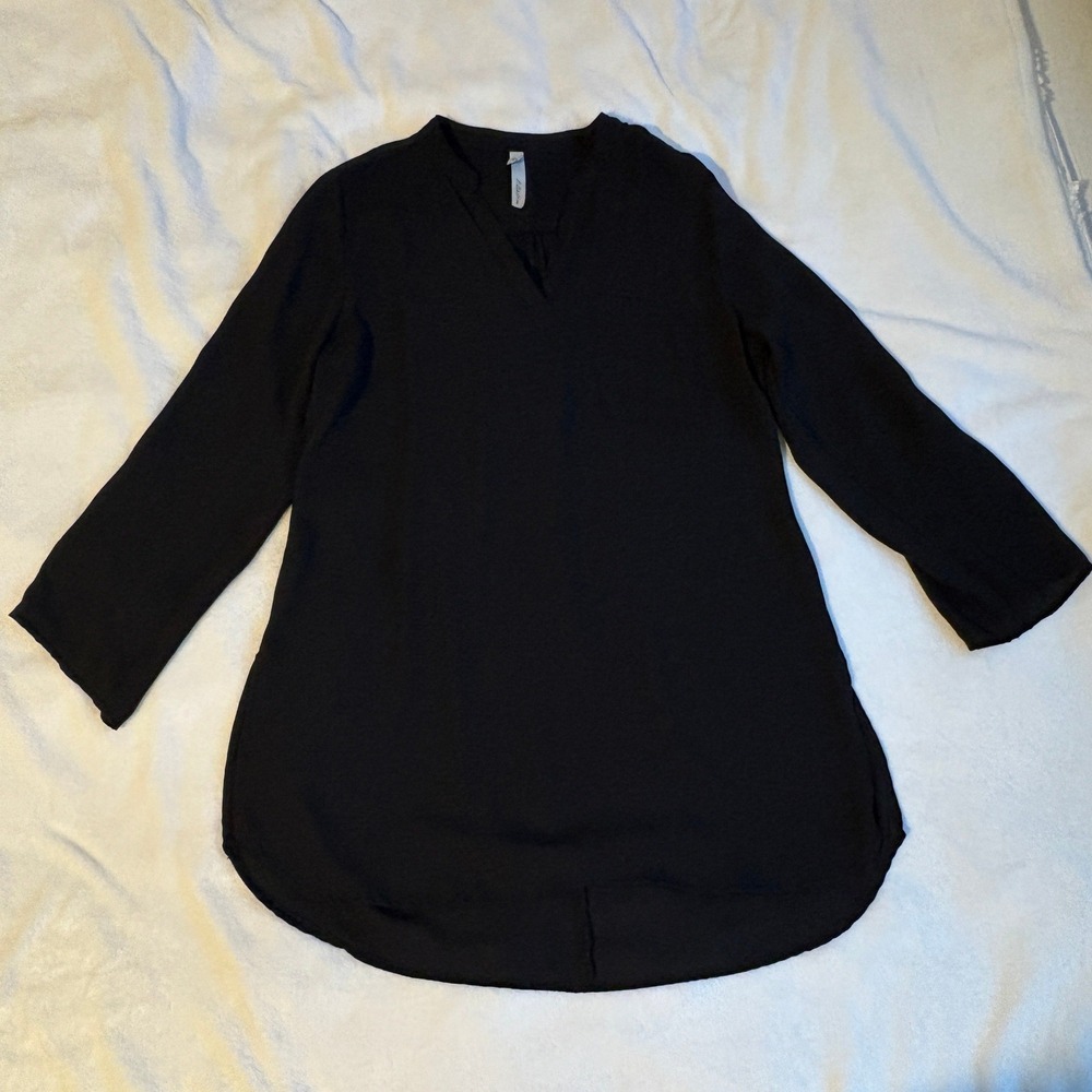 NY Collection Black Split Neck Tunic Blouse Roll Tab Sleeve Womens